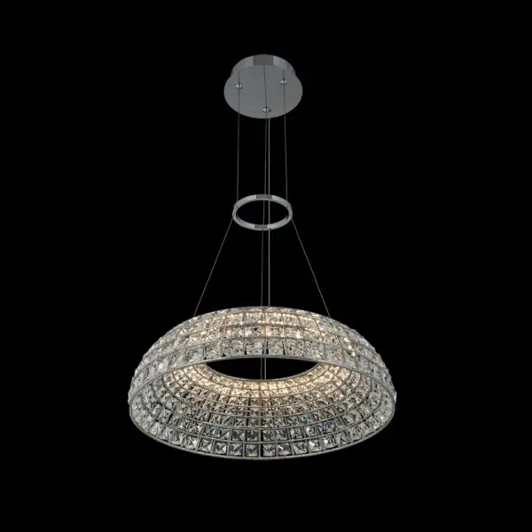 The Nuvole 20" LED Pendant combines modern geometric design with classic crystal brilliance. Individual Firenze crystals set within chrome squares create stunning light refraction, while the domed shape casts a warm, inviting glow.