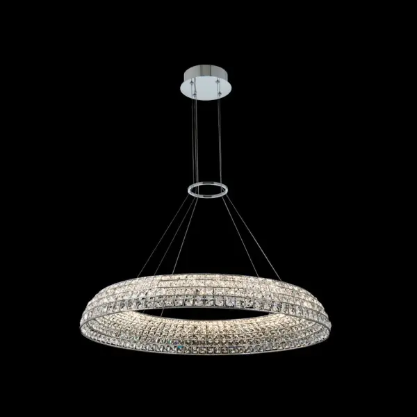 The Nuvole 36" LED Pendant combines modern geometric design with brilliant Firenze crystal elements. Each crystal is housed in individual chrome squares that allow movement for maximum light refraction. The domed shape casts a warm, inviting glow perfect for large spaces.