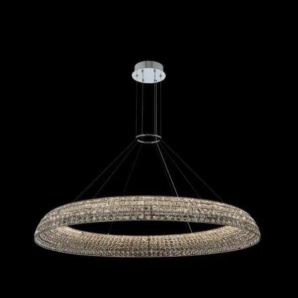 The Nuvole 48" LED Pendant combines contemporary design with luxurious Firenze crystal. Each crystal is set within individual chrome squares, creating brilliant light refraction. The gently sloping dome shape casts a warm, inviting glow.