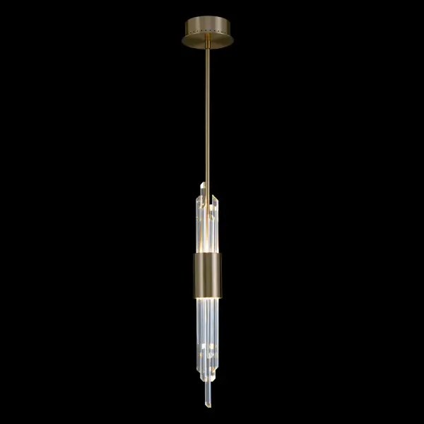 The Lucca LED Mini Pendant combines faceted crystal rods with a brushed champagne gold band for sophisticated sparkle. Its compact 3-inch diameter makes it perfect for tight spaces while delivering ambient glow in both directions.