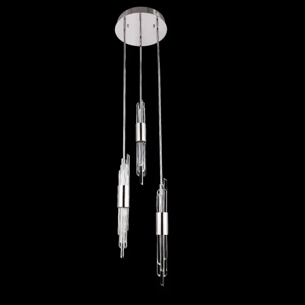 The Lucca features faceted crystal rods with jewelry-like polished chrome bands that create a sophisticated glow. Its adjustable height and LED technology make it ideal for grand foyers and entryways.