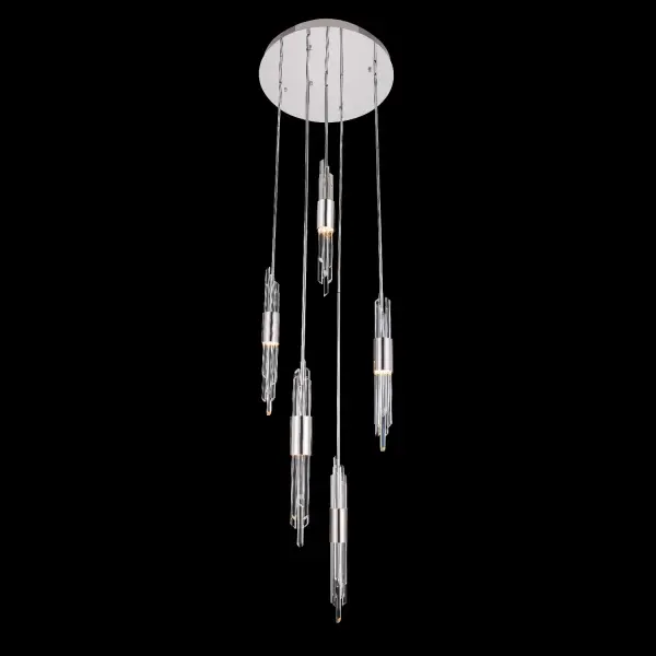 The Lucca pendant features faceted crystal rods bundled together with jewelry-like polished chrome bands, creating a sophisticated focal point that casts soft, gleaming light in multiple directions.