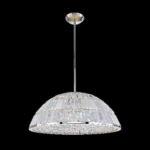 The Doma 26" pendant features a dense Firenze clear crystal dome with faceted baguette prisms and graduated octagons that create spectacular light refraction. Finished in warm Antique Gold with integrated LED technology.