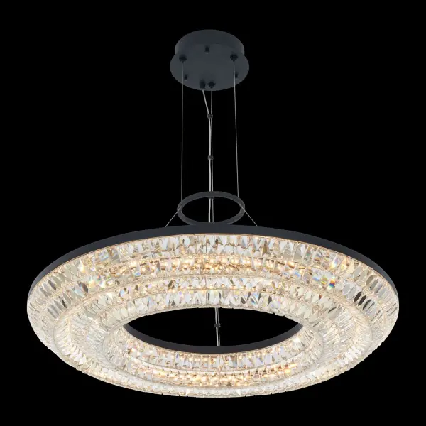 The Zaga Ring Pendant features Firenze crystal baguettes arranged in opposing directions for dimensional texture. Integrated LED technology and matte black frame create a sophisticated statement piece for contemporary spaces.