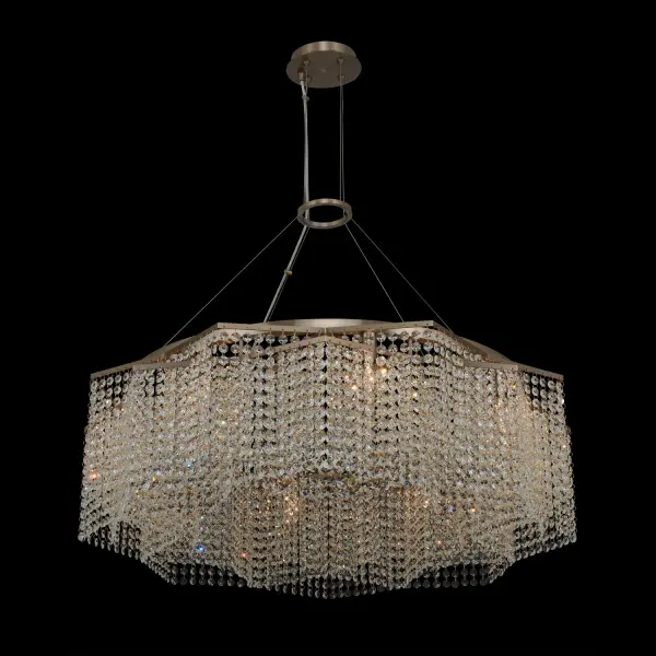 The Cometa pendant combines geometric precision with organic crystal beauty. Its star-shaped silhouette and cascading Firenze crystals create dramatic visual impact, while the Brushed Champagne Gold finish adds warmth and sophistication.