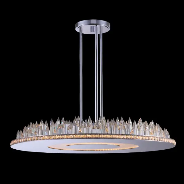 The Orizzonte pendant by designer Vanessa DeLeon captures the drama of the New York City skyline with layered Firenze crystal in varying heights. Embedded squares create modern texture while integrated LED downlight provides functional illumination.