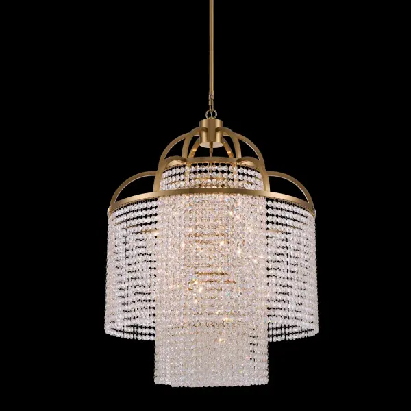 The Torta pendant masterfully blends Art Deco glamour with contemporary edge. Clear Firenze crystal strands cascade in soft arches, creating luxurious texture and light play, while solid brass square tubing provides bold architectural contrast.