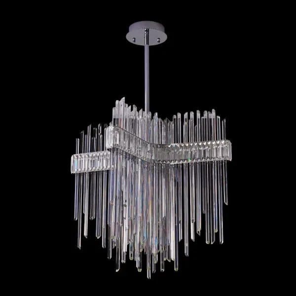 The Piovere 36" pendant is a show-stopping light sculpture featuring hexagonal solid crystal rods suspended between mirror-polished stainless steel plates. Its futuristic design and random crystal curtains create unparalleled visual drama. - alternate view
