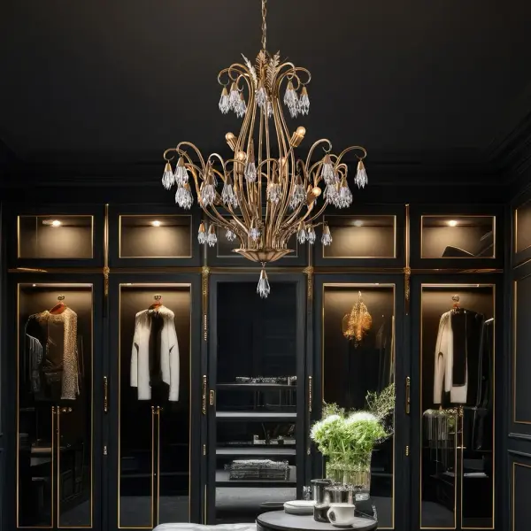 The Tulipani combines classical elegance with contemporary design through elegant brass curves and crystal clusters. Featuring spear Firenze crystal tassels and solid brass construction, this 38" fixture creates dramatic impact. - alternate view