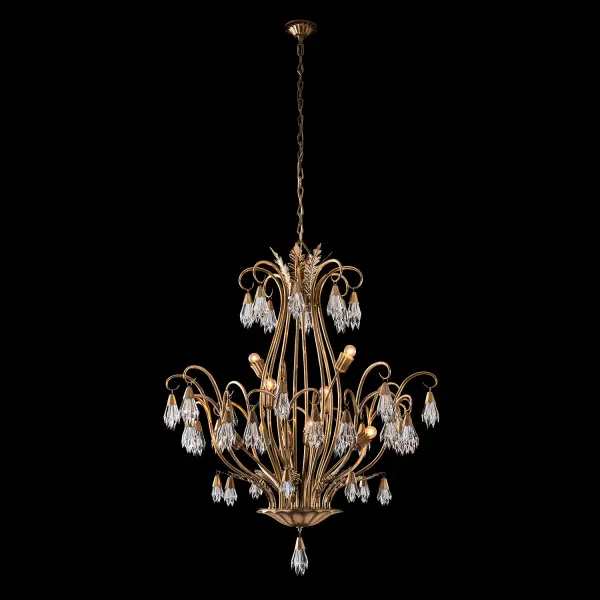 The Tulipani combines classical elegance with contemporary design through elegant brass curves and crystal clusters. Featuring spear Firenze crystal tassels and solid brass construction, this 38" fixture creates dramatic impact.