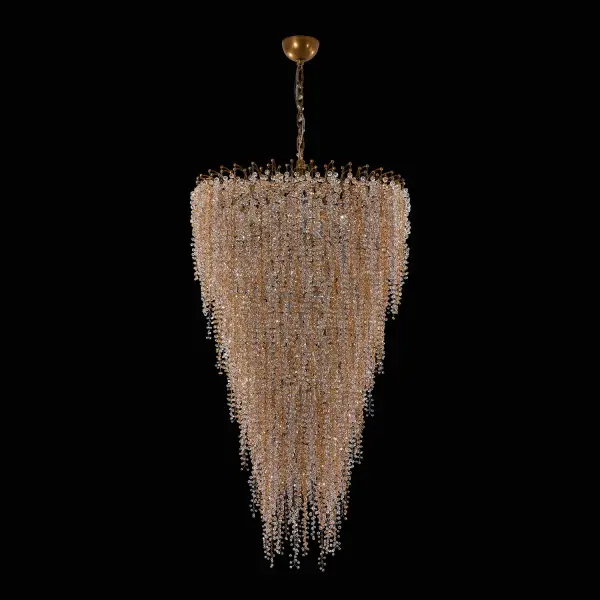 The Fuji Foyer Light transforms grand entryways with its nature-inspired design featuring cascading champagne gold and clear crystals. At 36 inches wide and up to 174 inches tall, this statement piece delivers luxury and sophistication.
