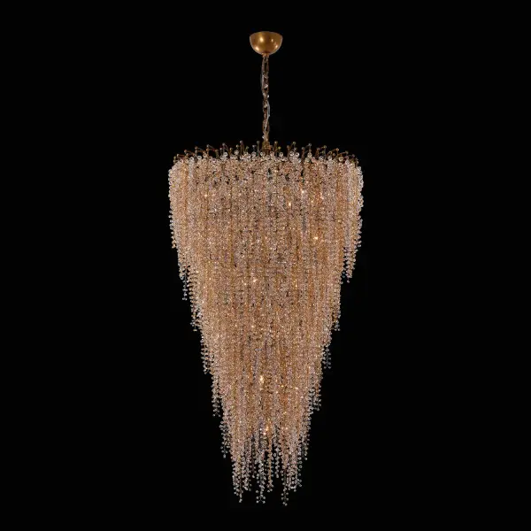 The Fuji Foyer Light transforms grand entryways with its nature-inspired design featuring cascading champagne gold and clear crystals. At 36 inches wide and up to 174 inches tall, this statement piece delivers luxury and sophistication. - alternate view