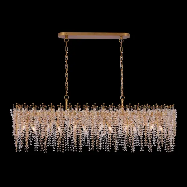 The Fuji Island Light transforms any space with its nature-inspired design featuring cascading champagne gold and clear Firenze crystals. At 60 inches long, this statement piece combines organic elegance with contemporary sophistication.