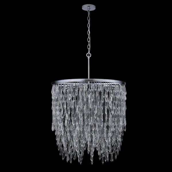 The Frangia pendant brings sophisticated boho-chic style with cascading crystal spears suspended from chains. At 29 inches wide and featuring organized randomness in its fringe design, this statement piece combines contemporary glamour with artisanal craftsmanship in polished chrome.