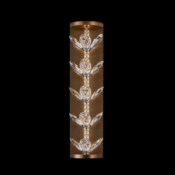 The Petalo Wall Sconce combines contemporary floral design with sophisticated crushed glass diffusion in a warm Winter Brass finish. Its integrated CCT LED technology offers adjustable color temperature while the crystal accents add luxury.