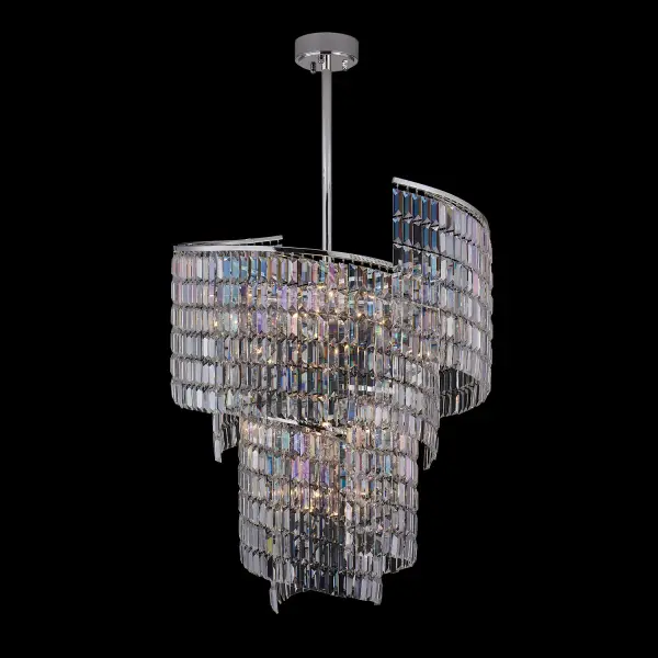 The Vortice foyer pendant transforms grand entryways with its cascading iridescent crystals arranged in a graceful waterfall pattern. At 31" wide and 40" tall, this statement piece creates a tranquil, sophisticated ambiance perfect for high-ceiling spaces.