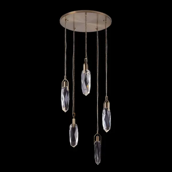 The Diamante 5-Light Drop Pendant combines contemporary sophistication with luxurious crystal craftsmanship. Featuring chunky faceted crystals suspended from an ornate chain in Winter Brass finish, this fixture delivers 1400 lumens of warm 3000K LED light with exceptional 90 CRI color rendering.