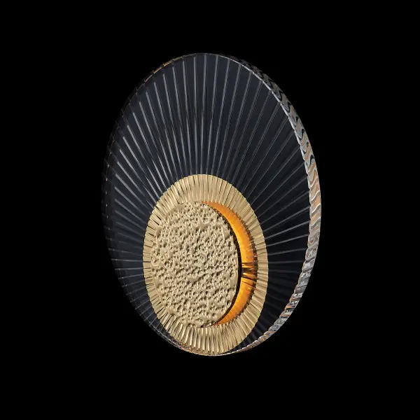 The Girare LED Wall Sconce combines Art Deco elegance with modern LED technology. Featuring intricately cut crystals and a hammered 18K gold brass plate, it creates a stunning halo effect while maintaining a low-profile, ADA-compliant design.