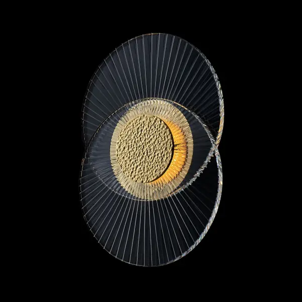 The Girare LED 2 Ring Sconce combines Art Deco elegance with modern functionality. Featuring intricately cut crystals and a hammered 18K gold brass plate, it creates a stunning halo effect while maintaining a low 2.5-inch profile. ADA-compliant and versatile enough to serve as a flush mount.