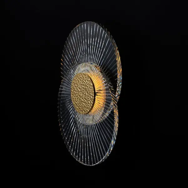 The Girare LED 2 Ring Sconce combines Art Deco elegance with modern functionality. Featuring intricately cut crystals and a hammered 18K gold brass plate, it creates a stunning halo effect while maintaining a low 2.5-inch profile. ADA-compliant and versatile enough to serve as a flush mount. - alternate view