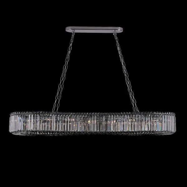 The Corda Island Light masterfully blends timeless crystal craftsmanship with modern design. Its 63-inch linear profile features undulating crystal rings suspended from polished chrome hardware, creating dramatic visual impact perfect for large spaces.