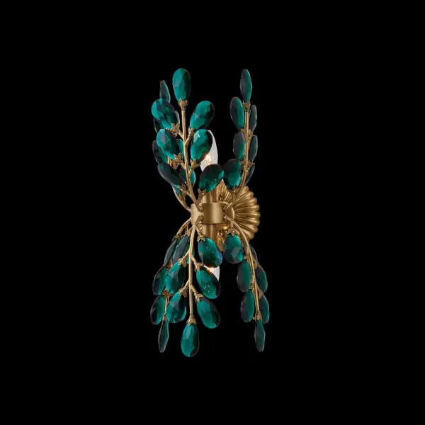 The Alloro Green Wall Sconce brings nature-inspired artistry to your walls with emerald Firenze crystals arranged in delicate leaf patterns. Its true brass finish and compact 7-inch width make it perfect for intimate spaces.