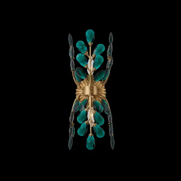 The Alloro Green Wall Sconce brings nature-inspired artistry to your walls with emerald Firenze crystals arranged in delicate leaf patterns. Its true brass finish and compact 7-inch width make it perfect for intimate spaces. - alternate view