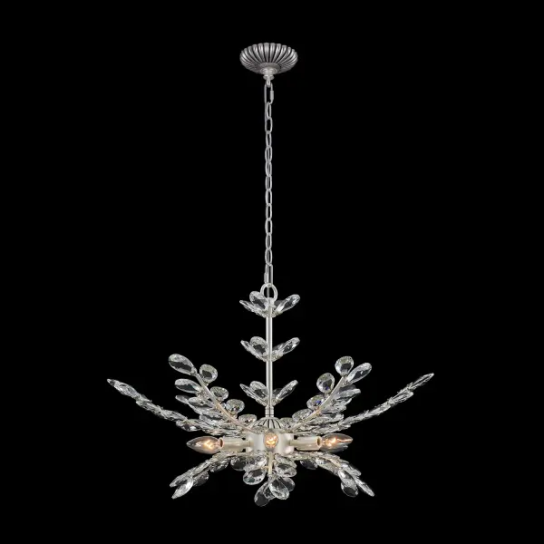 The Alloro pendant brings nature-inspired design to life with delicate vine and leaf motifs adorned in clear Firenze crystals. Its 26-inch diameter creates stunning visual impact while the pewter finish adds refined elegance.