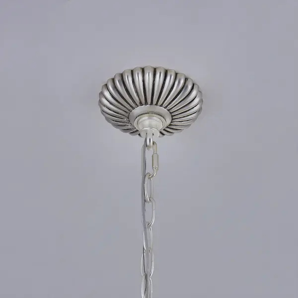 The Alloro pendant brings nature-inspired design to life with delicate vine and leaf motifs adorned in clear Firenze crystals. Its 26-inch diameter creates stunning visual impact while the pewter finish adds refined elegance. - alternate view