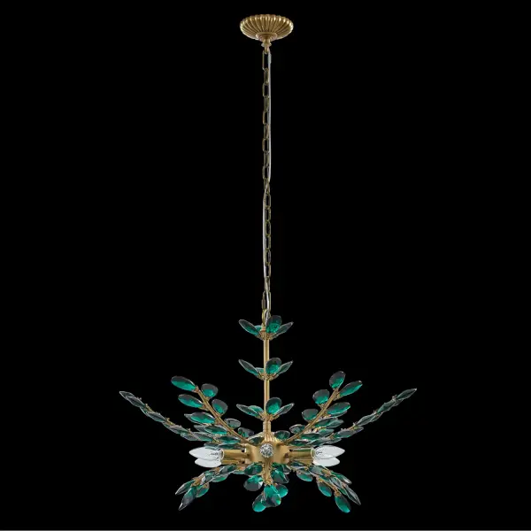 The Alloro pendant brings botanical beauty indoors with vine-inspired metalwork and stunning emerald Firenze crystals. Its 26-inch diameter makes it perfect for medium-sized spaces, while the True Brass finish adds warmth and sophistication.