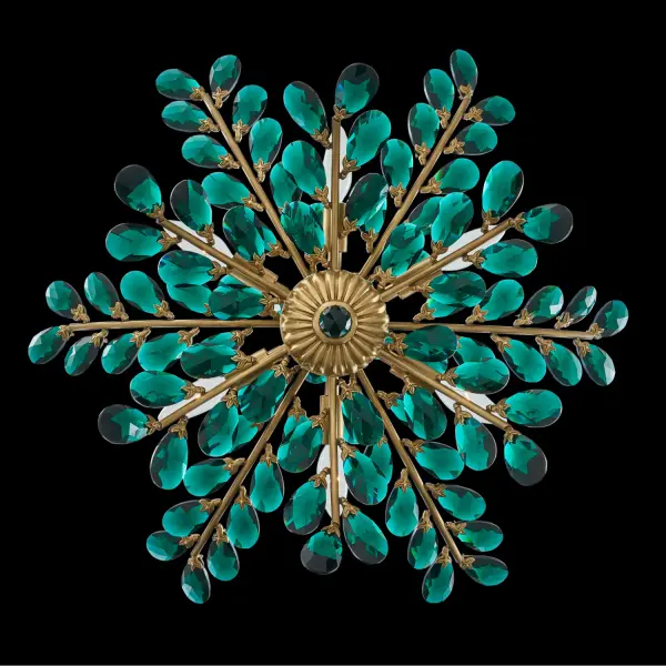 The Alloro pendant brings botanical beauty indoors with vine-inspired metalwork and stunning emerald Firenze crystals. Its 26-inch diameter makes it perfect for medium-sized spaces, while the True Brass finish adds warmth and sophistication. - alternate view