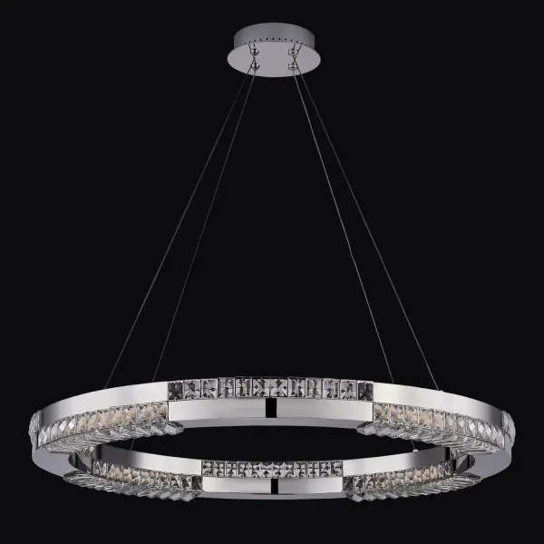 The Dama pendant combines elegant crystal elements with sleek chrome finish in a sophisticated 34-inch linear design. Advanced LED technology provides both uplight and downlight, while the low-profile body makes it perfect for standard ceiling heights.