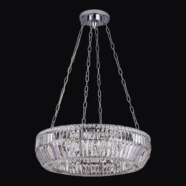 The Circolare 28" pendant combines classic elegance with contemporary design. Its circular crystal-adorned frame suspended by chain creates stunning light refraction, while the polished chrome finish adds modern sophistication.
