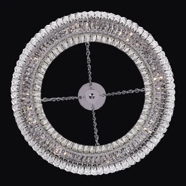The Circolare 28" pendant combines classic elegance with contemporary design. Its circular crystal-adorned frame suspended by chain creates stunning light refraction, while the polished chrome finish adds modern sophistication. - alternate view