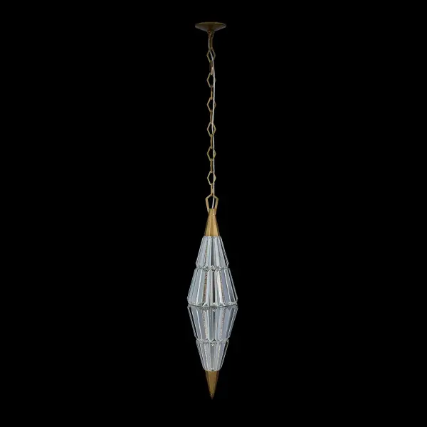 The Allungato pendant features innovative double mirror film crystals that reflect like mirrors by day and glow beautifully at night. This 24-inch sculptural piece combines stainless steel and crystal in a True Brass finish, creating a striking focal point.