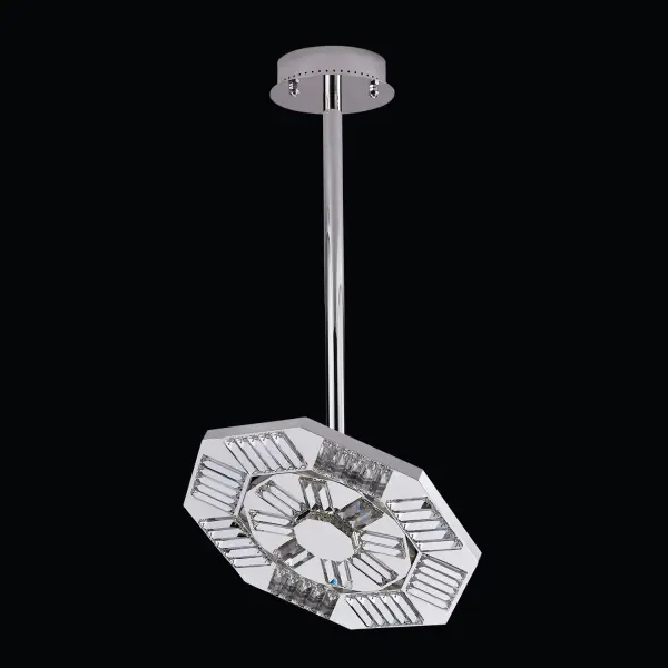 The Tempo Small Silver Pendant features an intricate quilted octagon pattern with integrated CCT LED technology. Its tilting mechanism and adjustable height make it versatile for various ceiling heights and design needs.