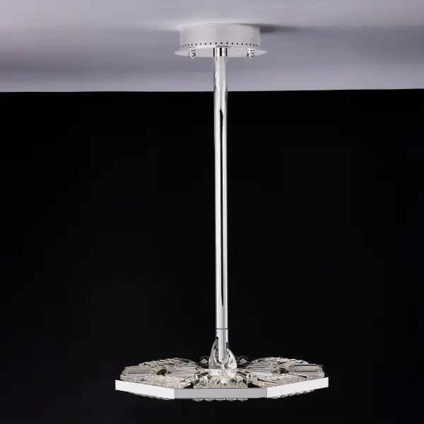 The Tempo Small Silver Pendant features an intricate quilted octagon pattern with integrated CCT LED technology. Its tilting mechanism and adjustable height make it versatile for various ceiling heights and design needs. - alternate view