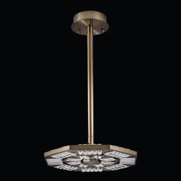The Tempo Small Pendant combines intricate quilted octagon patterns with modern LED technology and a tilting mechanism. Its Winter Brass finish and crystal accents create a refined statement piece perfect for contemporary interiors. - alternate view