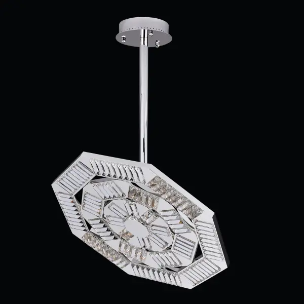 The Tempo Medium Silver Pendant features an intricate quilted octagon design with integrated CCT LED technology. Its tilting mechanism and adjustable color temperature (2700K-4000K) make it versatile for any contemporary space.