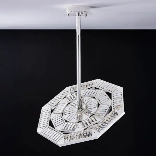 The Tempo Medium Silver Pendant features an intricate quilted octagon design with integrated CCT LED technology. Its tilting mechanism and adjustable color temperature (2700K-4000K) make it versatile for any contemporary space. - alternate view