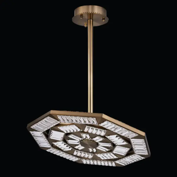 The Tempo Medium Pendant showcases intricate interlocking octagons with crystal accents in a sophisticated Winter Brass finish. Features integrated CCT LED technology, adjustable tilting mechanism, and ELV dimming capability for versatile lighting control in contemporary spaces.