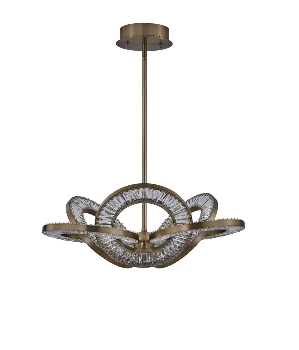 The Rotondo pendant captivates with its intricate Celtic knot-inspired design and interlocking circular geometry. Featuring concealed LED technology with adjustable color temperatures (2700K-4000K) and dazzling crystal construction in Winter Brass finish, this statement piece delivers both visual drama and functional versatility. - alternate view