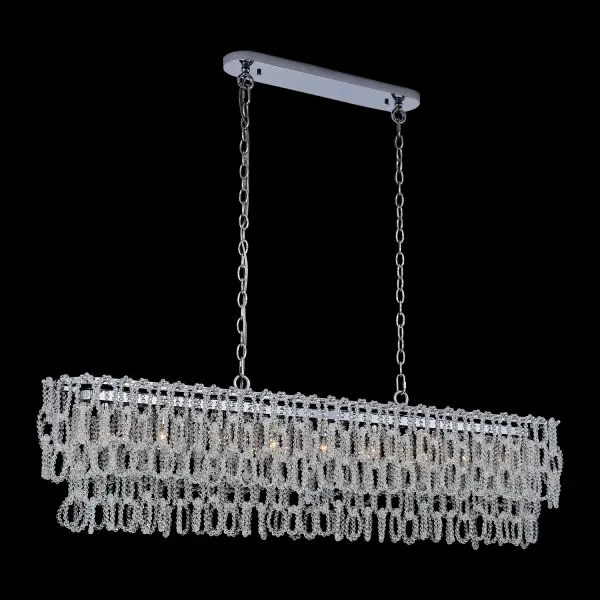The Loops Linear Pendant features a sophisticated 60-inch design with Firenze crystal pineapple beads suspended on stainless steel cables. The polished chrome finish and naturally draped crystals create a refined, modern statement piece.
