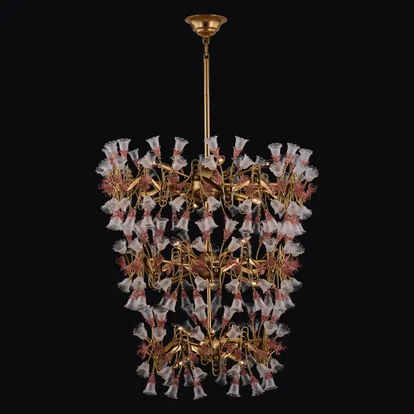 The Bella Foyer Light merges Art Nouveau and Art Deco elegance with contemporary craftsmanship. Featuring intricate glass flower clusters in clear and rose molded glass, this oversized fixture makes a dramatic statement in grand spaces.