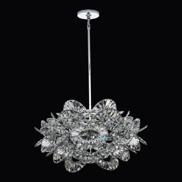 The Luminoso chandelier combines contemporary geometry with organic floral inspiration through layers of sparkling Firenze crystal arches. Its polished chrome finish and 14 lights create a jewelry-like statement that adds sophistication and drama to any space.