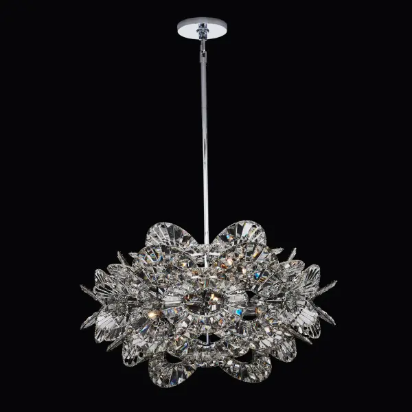 The Luminoso chandelier combines contemporary geometry with organic floral inspiration through layers of sparkling Firenze crystal arches. Its polished chrome finish and 14 lights create a jewelry-like statement that adds sophistication and drama to any space. - alternate view