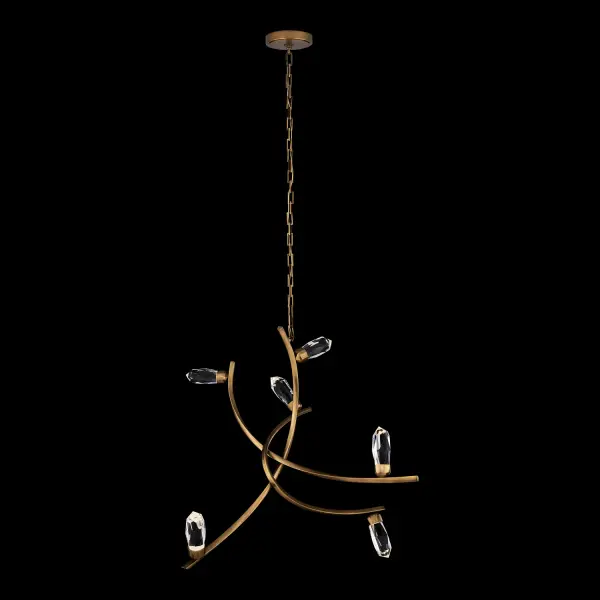 The Bilancia chandelier is a stunning statement piece featuring large crystals balanced on sweeping brass arms. Individual LEDs illuminate each crystal for dramatic sparkle, while the sculptural form offers unique visual interest from every angle.