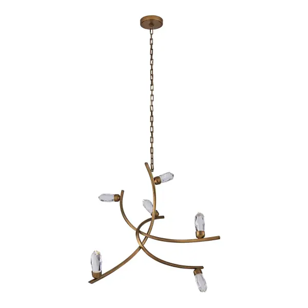 The Bilancia chandelier is a stunning statement piece featuring large crystals balanced on sweeping brass arms. Individual LEDs illuminate each crystal for dramatic sparkle, while the sculptural form offers unique visual interest from every angle. - alternate view