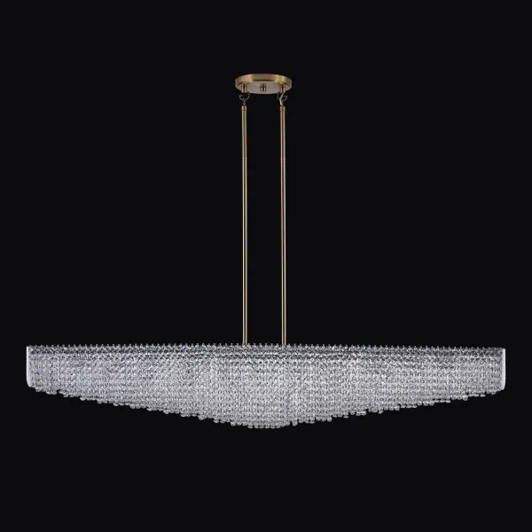 The Durant linear pendant combines modern design with luxurious materials, featuring Firenze Crystals and genuine Alabaster endcaps in a stunning Winter Brass finish. Perfect for long kitchen islands or dining tables.