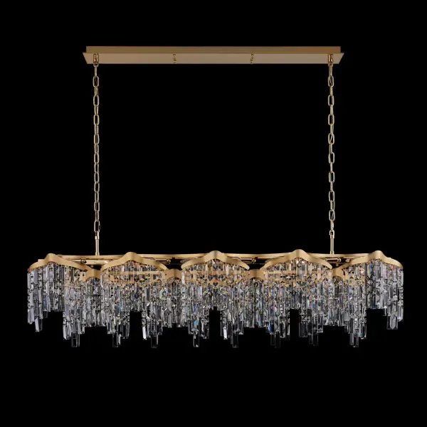 The Cadere Island Light transforms spaces with cascading Firenze Crystals suspended from an undulating gold frame. At 63 inches long, this statement piece brings dramatic elegance to large dining rooms and kitchen islands.
